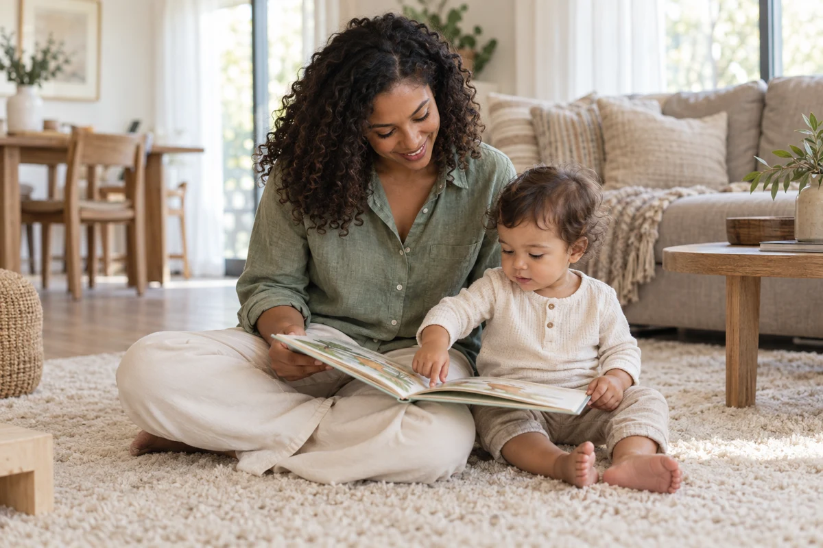 A caregiver reading a picture book with a toddler at home
