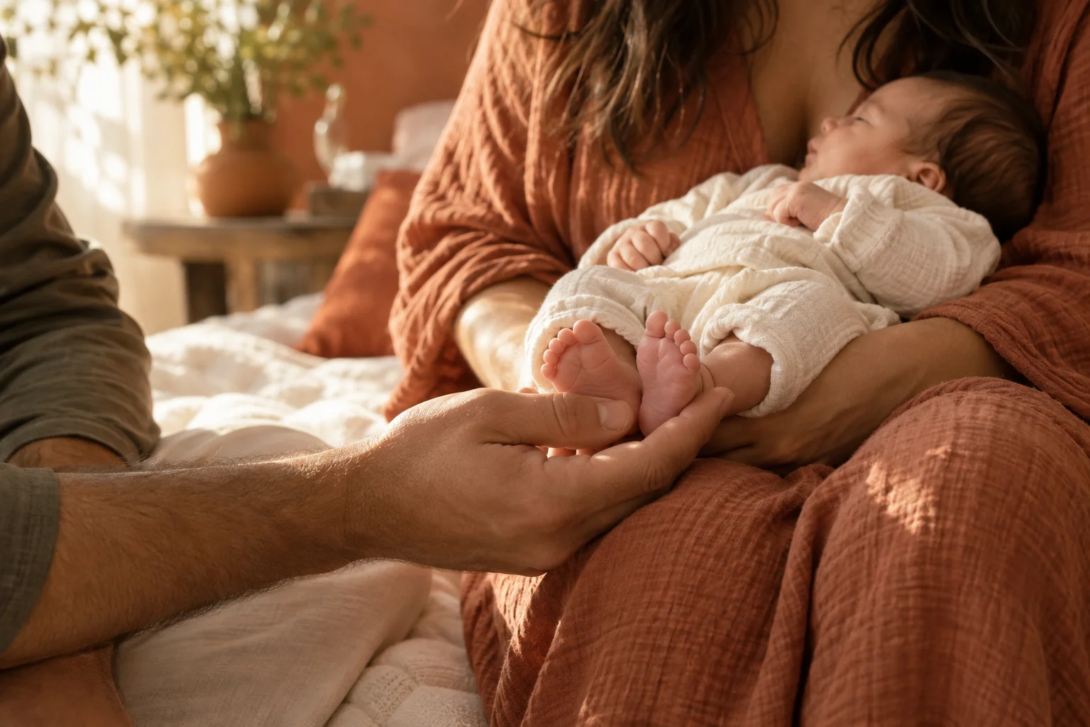 A parent holding their newborn’s feet