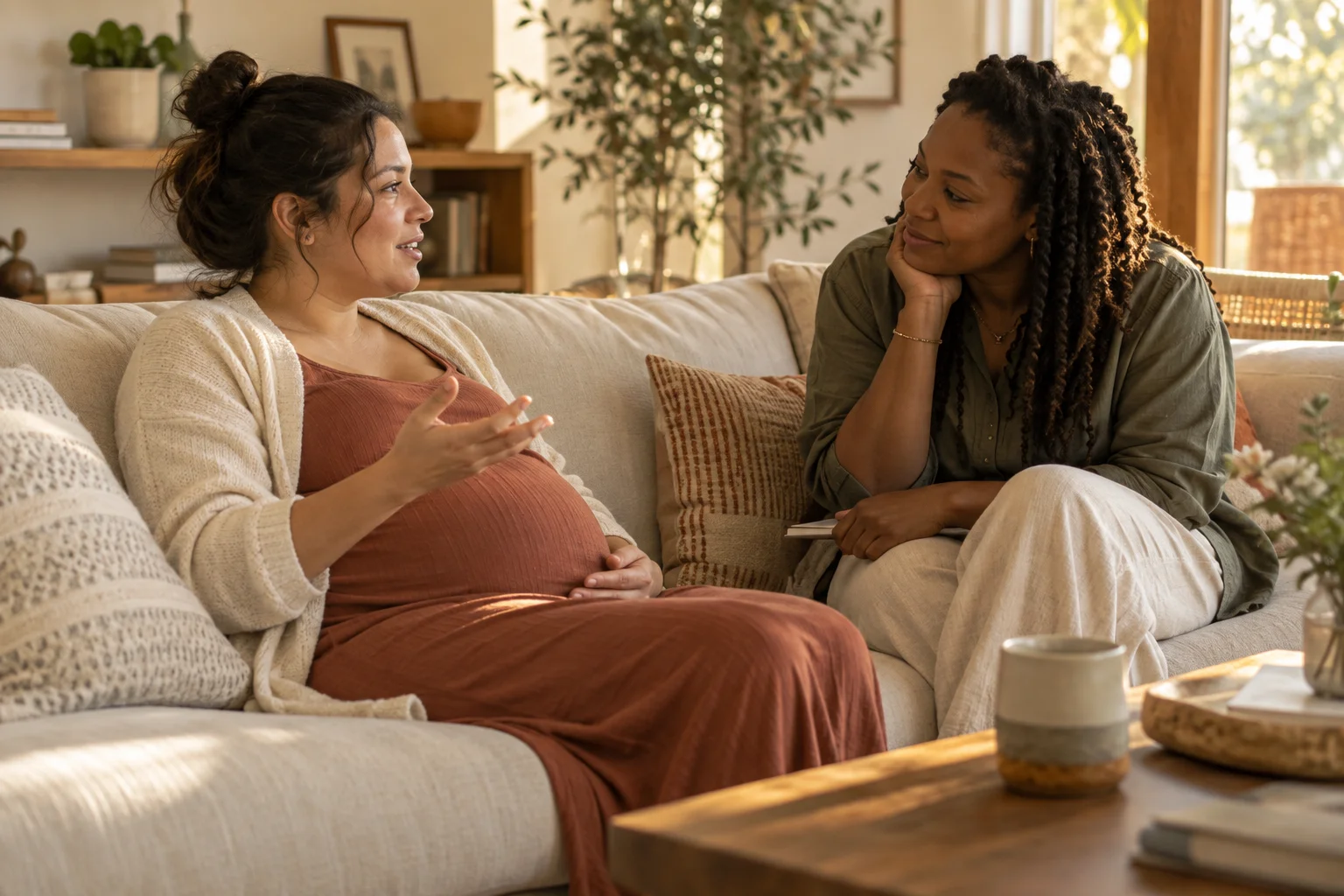 An expecting parent talking with a doula at home